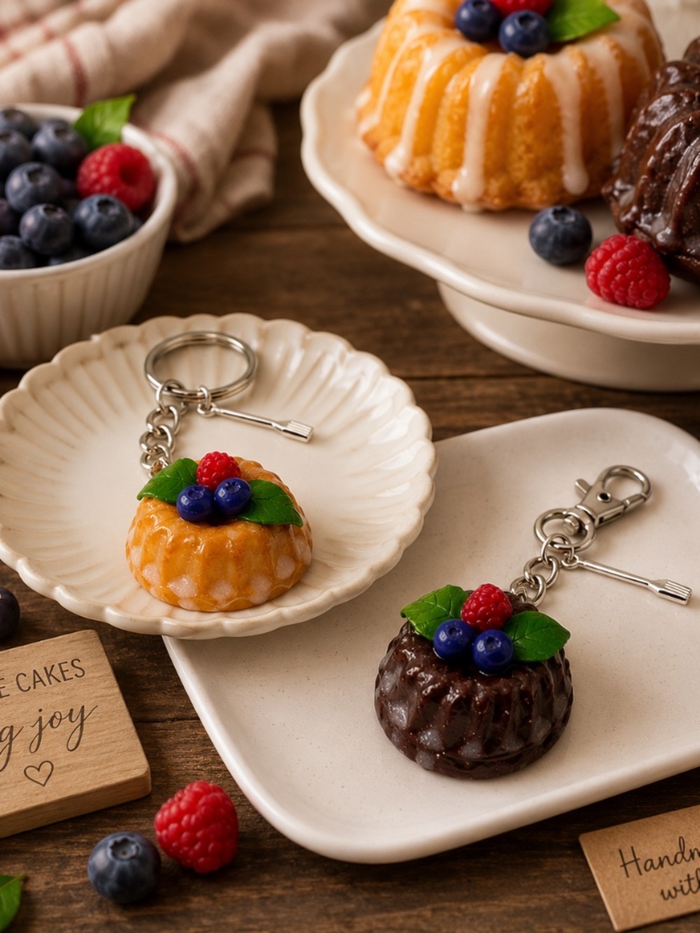 Mini Bundt Cake Keychain/Bag Clip | Handmade Dessert Charm Chocolate & Vanilla